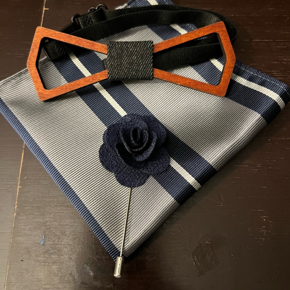 Wooden Bow Tie with Pocket Square and Lapel Pin Set